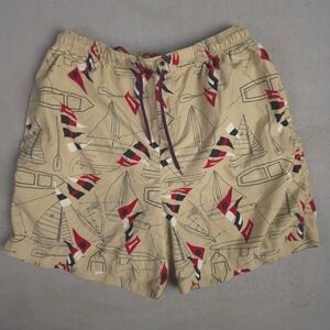 Mens Large Tan Sailing Nautical Print Swim Trunks Shorts Lined Elastic Waist